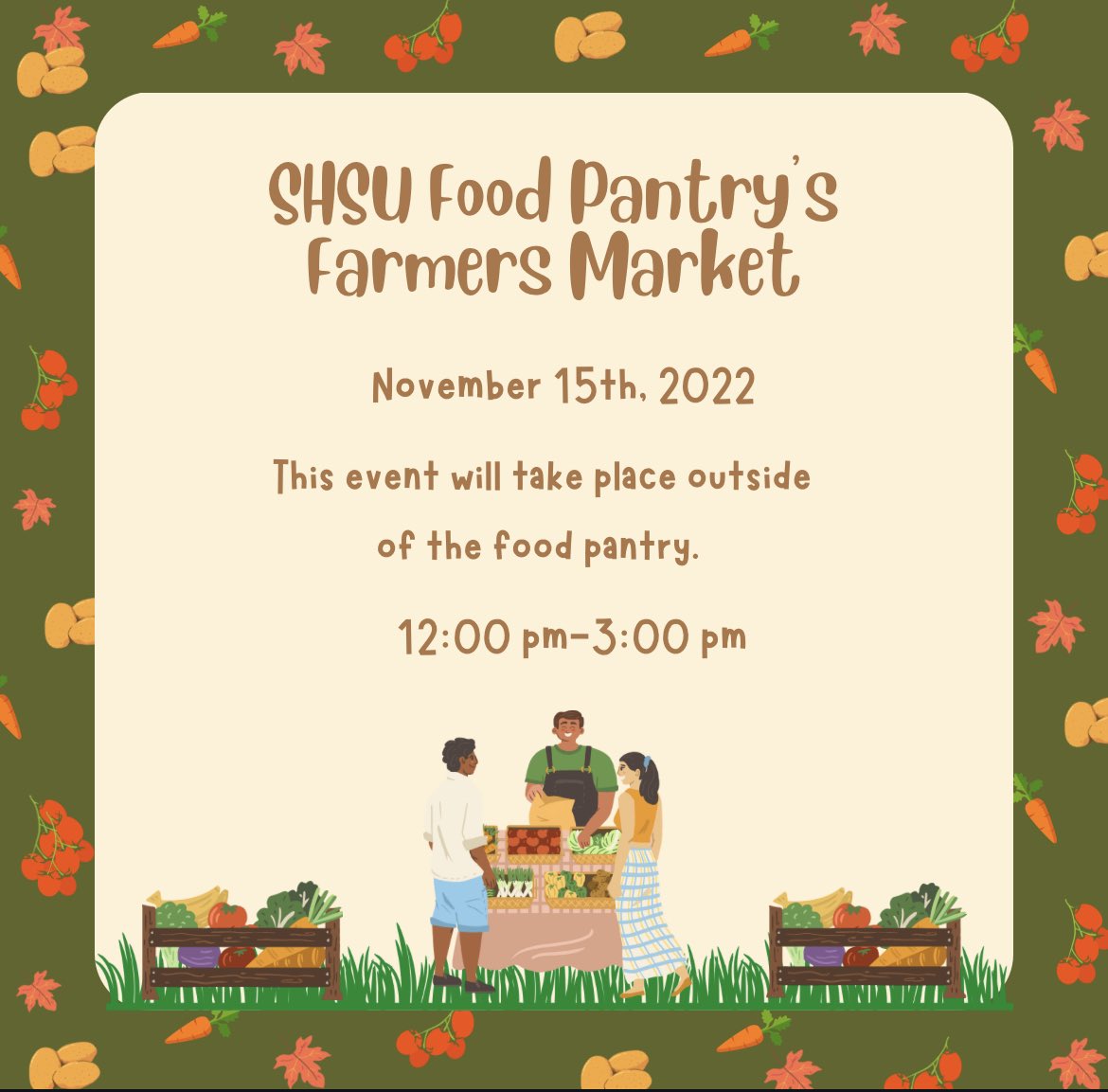 Tomorrow is the SHSU first farmer’s market! Please stop by with your bearkat card to receive some fresh produce! 

#SHSU26  #SHSU25  #SHSU24  #SHSU23 #SHSU22  #SHSU  #FoodPantry #EatEmUpKats