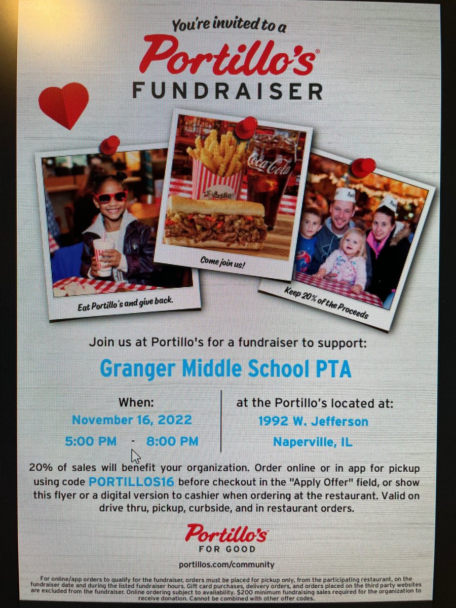 Portillo's restaurant night this Wednesday, 11-16-22. Forget about cooking and come support the PTA from 5-8pm!
