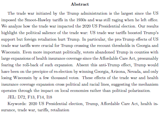 SMUEconDept's tweet photo. Congrats to current PhD student, @JunNie9027, on his 1st publication!  

"The 2020 US Presidential election and Trump’s wars on trade and health insurance"

with @jameswesleylake is now forthcoming in European Journal of Political Economy! #PonyUpDallas 

@SMUDedman @smuresearch https://t.co/6ZYaH6nJls