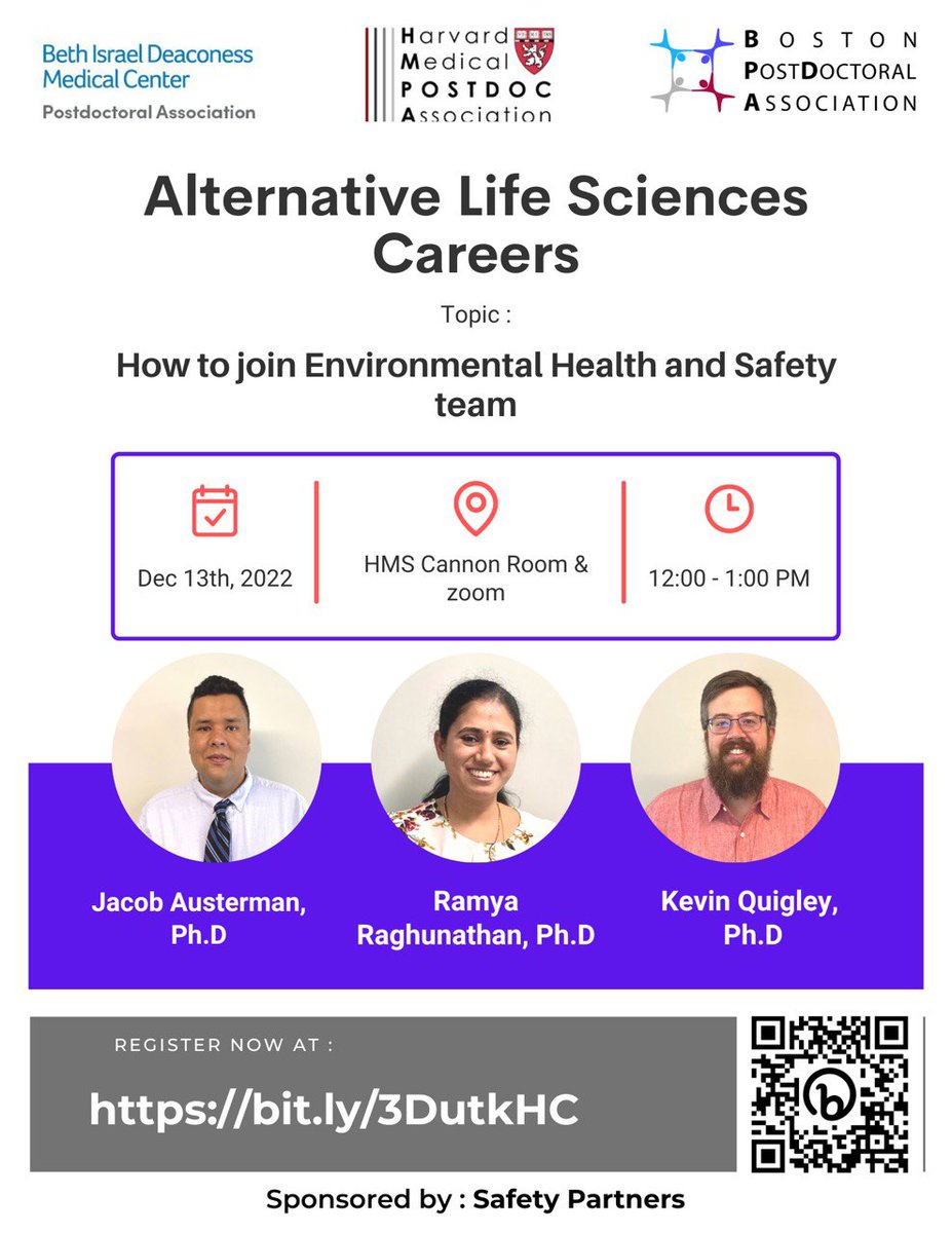 Boston Postdoctoral Association (BPDA) (@bostonpostdocs) on Twitter photo Join us Dec. 13th with <a href="/bidmcpda/">BIDMCPostdocs</a> & <a href="/harvardmpa1/">Harvard Medical Postdoc Association</a> to hear from three PhDs who transitioned from bench work to Environmental Health & Safety, supporting the essential needs of life science labs in Boston. Thanks to <a href="/Safety_Partners/">Safety Partners</a> for sponsoring this event! bit.ly/3DutkHC Join us Dec. 13th with <a href="/bidmcpda/">BIDMCPostdocs</a> & <a href="/harvardmpa1/">Harvard Medical Postdoc Association</a> to hear from three PhDs who transitioned from bench work to Environmental Health & Safety, supporting the essential needs of life science labs in Boston. Thanks to <a href="/Safety_Partners/">Safety Partners</a> for sponsoring this event! bit.ly/3DutkHC