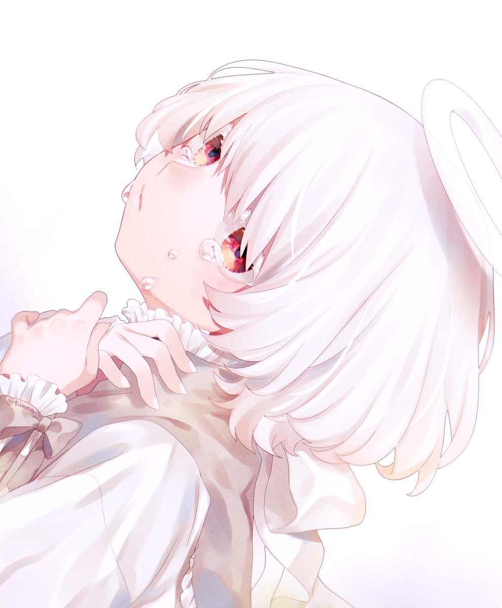 halo white hair 1girl solo red eyes tears crying  illustration images