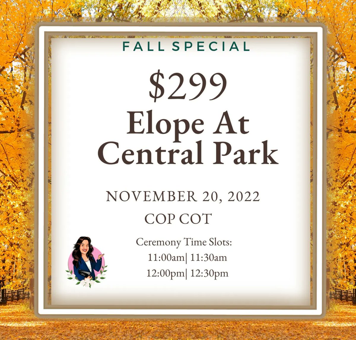 ctheofficiant's tweet photo. Fall elopements at #copcot in @CentralParkNYC get married this Sunday! Call or text 347-309-6463
#officiant #projectcupid #elope #marriageofficiant #nyc #nycweddings #weddingofficiant https://t.co/7JQ0JUpPxW