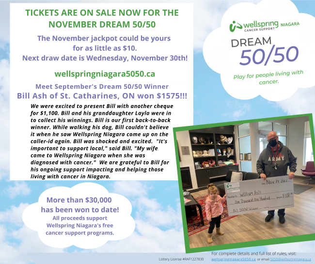 Meet our October Winner! 
Purchase your tickets here:  wellspringniagara5050.ca