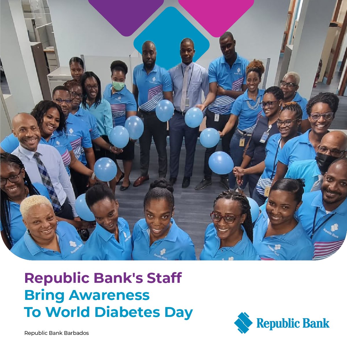 republicbankbb's tweet photo. Our staff members recognise the importance of bringing awareness to Diabetes as it affects many people's quality of life. Today, as we observe World Diabetes Day, we want to promote early detection and diagnosis of this chronic disease. #World DiabetesDay https://t.co/i6DrPRdq4p