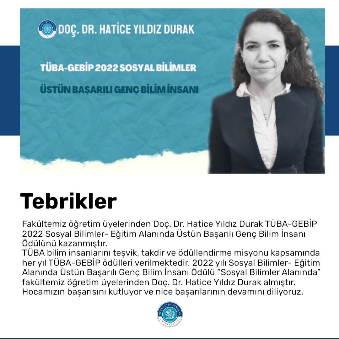 Kıymetli akademisyen dostum Doç. Dr. Hatice Yıldız Durak TÜBA-GEBİP ödülüne layık görüldü.. Gurur verici başarısından dolayı kutluyorum.