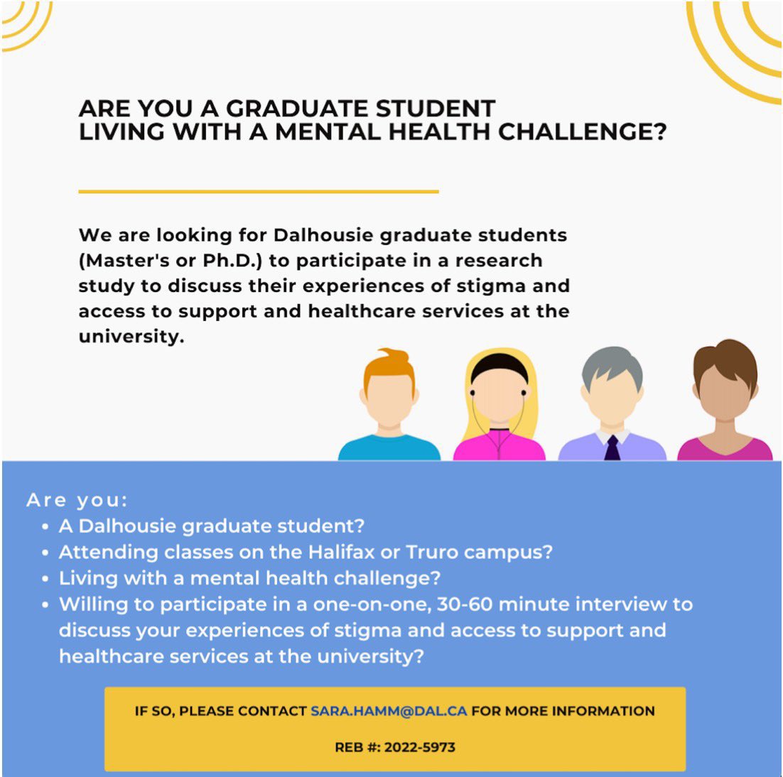 Hey #DalhousieU Graduate Students! <a href="/DrLynneR/">Lynne Robinson</a> and I are recruiting graduate students who self-identify with a mental health challenge to participate in a research study. We’re interested in hearing about your experiences of accessibility here at Dalhousie. Check it out! 🤗