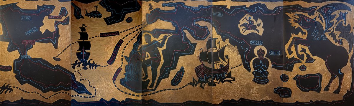 ChrisEdwardsYYC's tweet image. Mystery Monday:
This photo is of 5/6ths of a large linocut mural that would have measured approx 24 ft long x 6 ft tall that graced the inside of a #yyc establishment in the 60s, 70s and/or 80s. Does anyone remember seeing this &amp;amp; can point out where it was displayed? #yycheritage