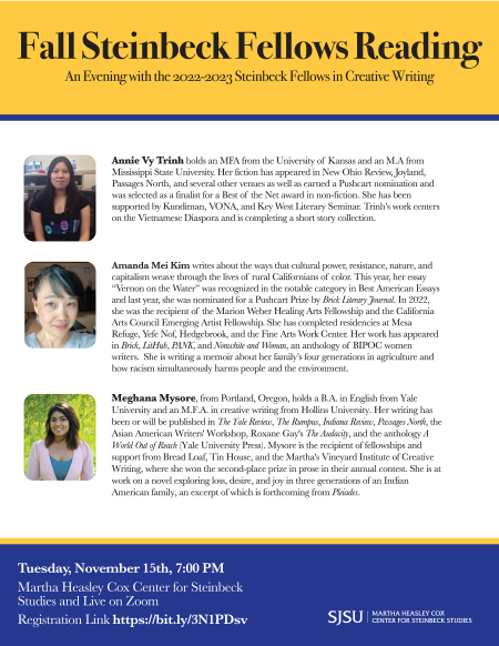 sjsu_english's tweet image. The Steinbeck Center will host their Fall 2022 Steinbeck Fellows reading tomorrow at 7PM PST both via Zoom and in person. Use this link to register to attend via Zoom: bit.ly/3N1PDsv