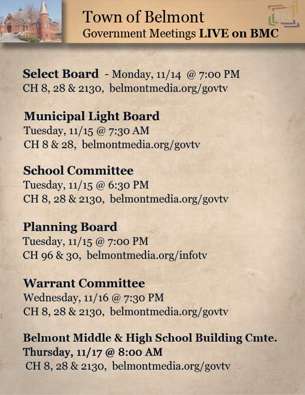 Belmont government meetings LIVE on BMC this week