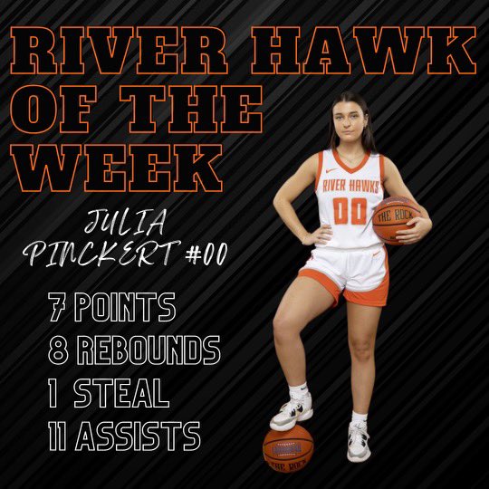 Shout out to our PG - Congrats <a href="/JuliaPinckert/">Julia Pinckert</a>, well deserved! 

First college start - First River Hawk of the Week! Proud of you!

🧡🏀💪🏼