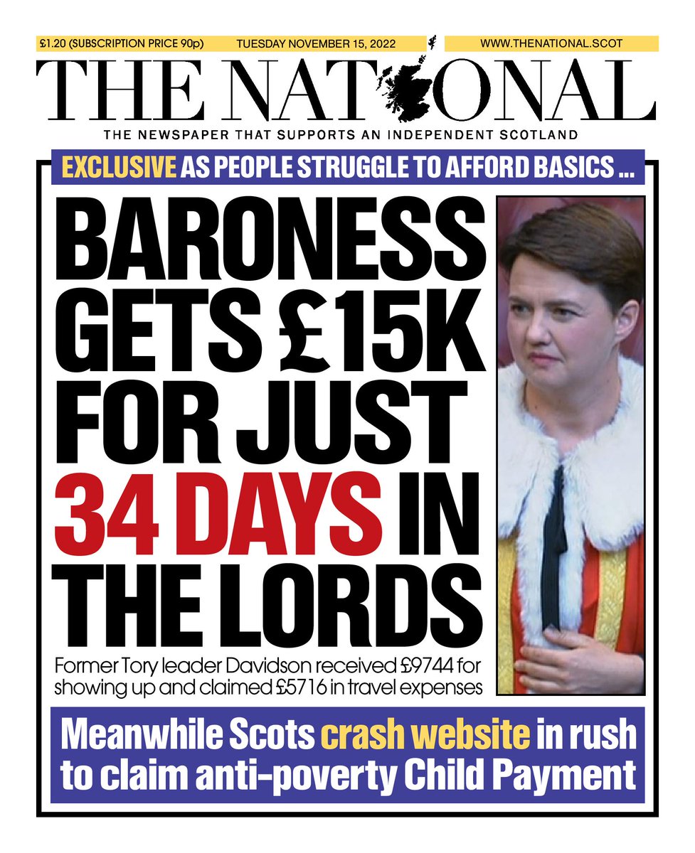 ScotNational's tweet image. Have a look at tomorrow's front page 📰 'Baroness gets £15K for just 34 days in the Lords'