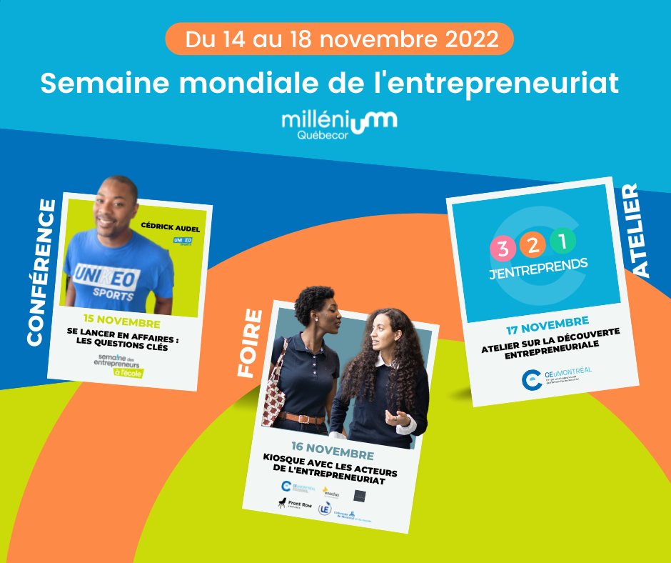 [Semaine mondiale de l'entrepreneuriat]
Retrouvez toutes les activités de cette semaine, des témoignages de nos entrepreneur.e.s et divers articles sur la semaine de l'entrepreneuriat à l'@umontreal  
ceumontreal.ca/la-semaine-de-…
#startups #innovation #umontreal #millenium