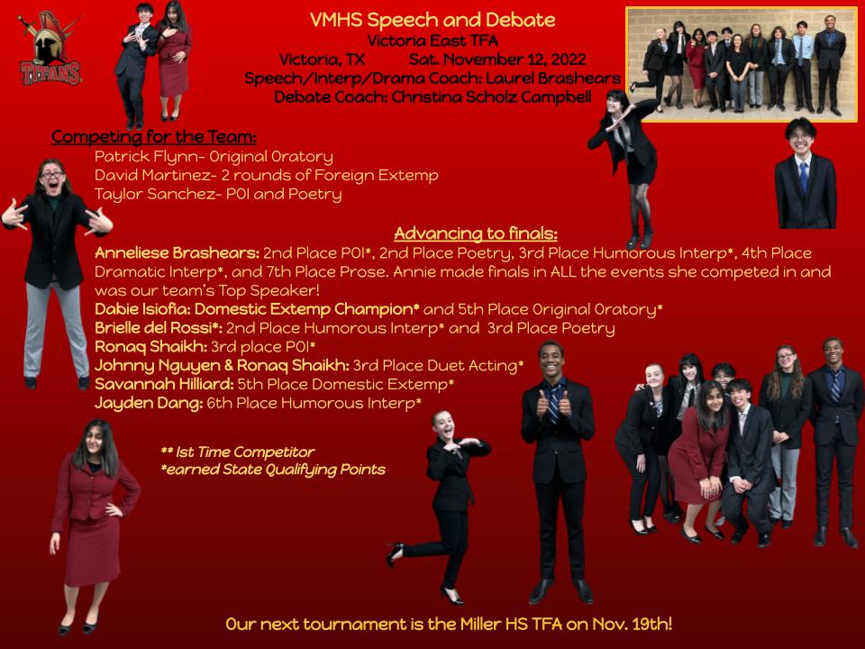 4th Place Overall at the Victoria East TFA Speech Tournament! 13 Places in FINALS! Great job, Eagles! #CCISDProud #VMHSPride #InspireExcellence #VMHSSpeechandDebate