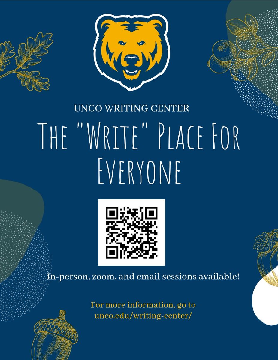 UncoWriting's tweet image. Happy Monday, Bears! Finals are coming up fast so don't forget to make an appointment with the Writing Center for help with all those stressful final papers. See you soon!