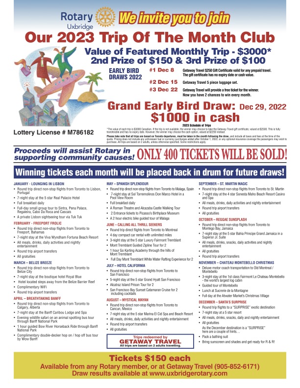 Tickets for the 2023 Trip of the Month are now available-still only $150! Message us here if you don't know any Rotarians!