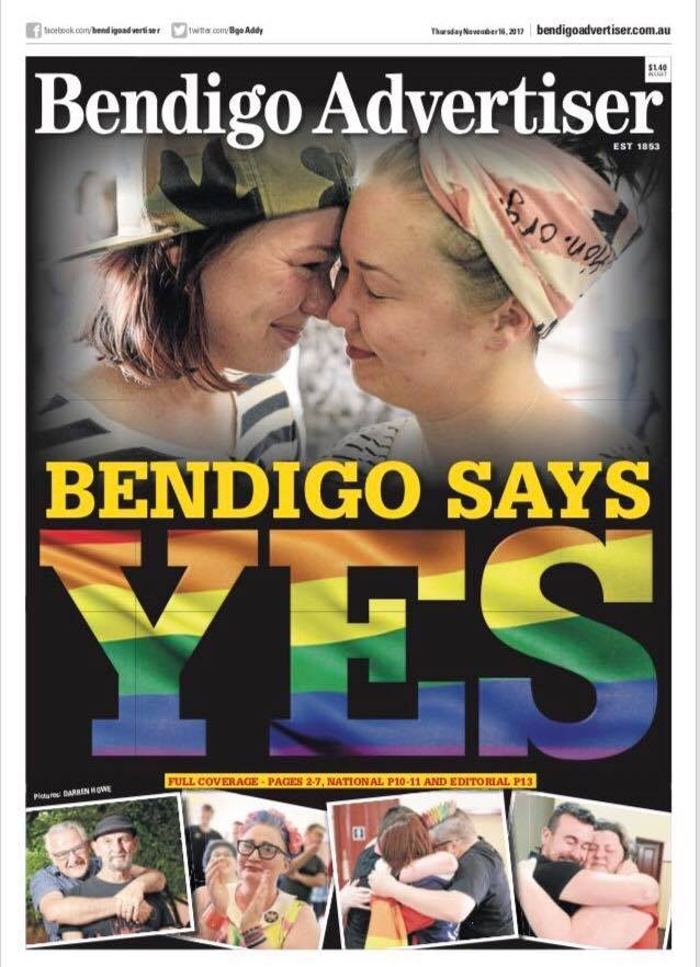 Five years today since this Page One at the <a href="/BgoAddy/">Bendigo Advertiser</a>.

These are the faces of tired, relieved community members whose relationships and identities <a href="/TurnbullMalcolm/">Malcolm Turnbull</a> put on trial. 

The marriage survey was a vehicle for right-wing zealotry, and an abdication of Parliament's duties.