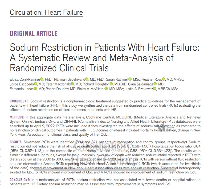 Nariman Sepehrvand (@nsepehrvand) on Twitter photo In a new #metaanalysis of 17 #RCTs investigating effects of dietary #sodium restriction on clinical outcomes in patients with #HeartFailure, Sodium restriction did not reduce risk of💀, 🏥, or composite of💀/🏥 <a href="/CircHF/">Circ: Heart Failure</a>
bit.ly/3g34rLw In a new #metaanalysis of 17 #RCTs investigating effects of dietary #sodium restriction on clinical outcomes in patients with #HeartFailure, Sodium restriction did not reduce risk of💀, 🏥, or composite of💀/🏥 <a href="/CircHF/">Circ: Heart Failure</a>
bit.ly/3g34rLw