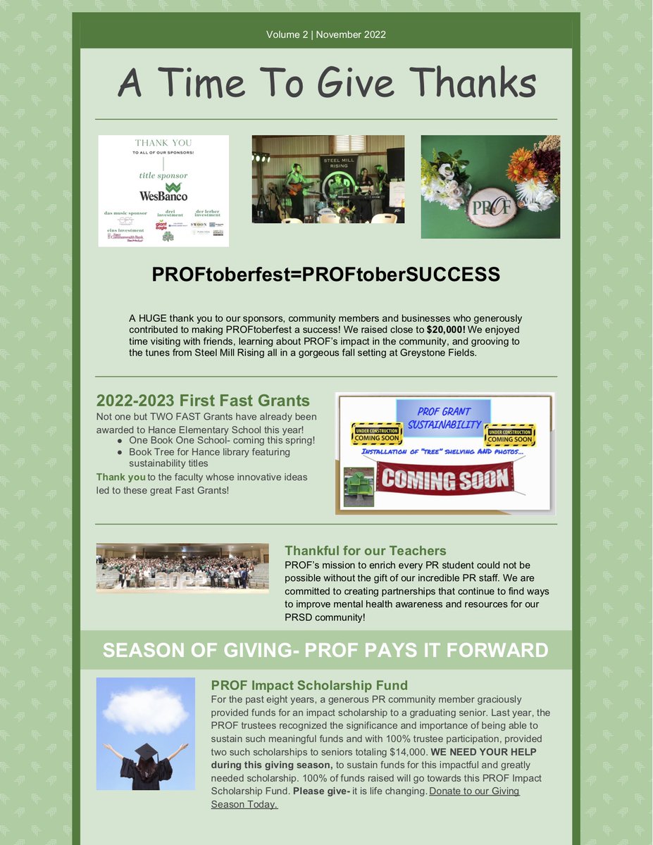 Check out our 2nd Quarter newsletter. We are so grateful for our community! And learn about the Season of Giving! Sign up to get on our mailing list so you don't miss anything important! prof-fund.org.