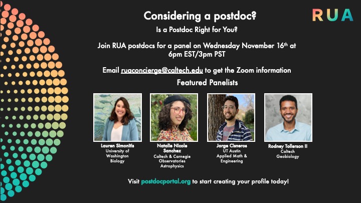 ResUniAlliance's tweet photo. Is a Postdoc Right for You? Join us on Wednesday November 16th at 6pm EST/3pm PST for a panel featuring @OceanExplauren, @the_n_nicole &amp; @Micro_Tollerson as they share their postdoc wisdom. Email RUAConcierge@caltech.edu for the Zoom link. https://t.co/vtSevfMGfn