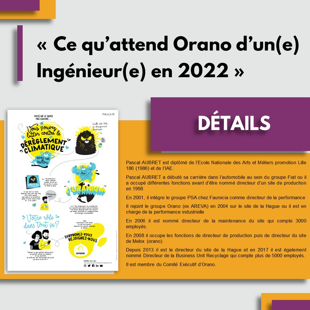 [CONFÉRENCE ORANO- FORUM AM 📢]

Nous avons le plaisir d'accueillir le 22 novembre au Parc Floral, Pascal AUBRET, Directeur de la Business Unit Recyclage du groupe Orano. Sa conférence s'articulera autour du thème de l'ingénieur chez Orano en 2022🎤