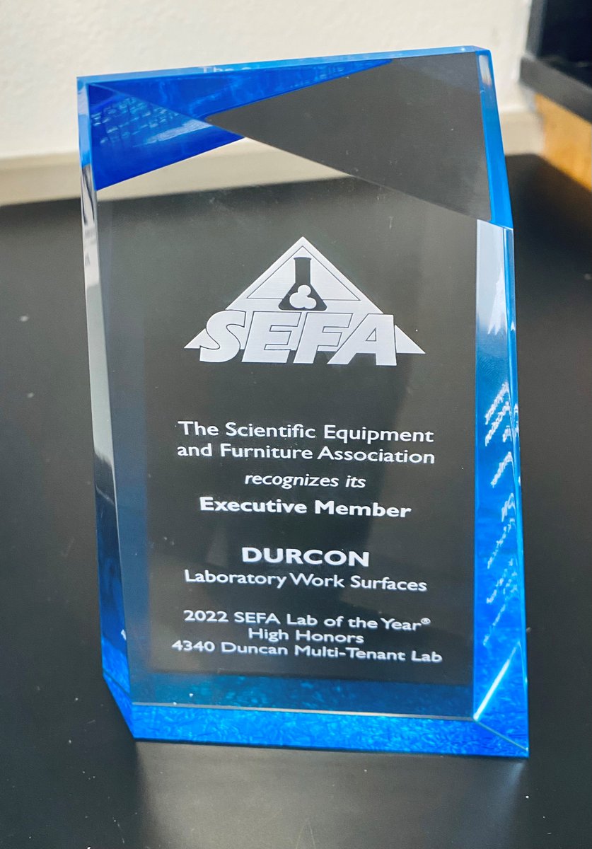 Durcon_Inc's tweet photo. As a SEFA Executive Member, Durcon is proud to accept this award for 2022 SEFA Lab of the Year High Honors in the Laboratory Work Surfaces category as manufacturer of the lab-grade epoxy tops used in 4340 Duncan Multi-Tenant Lab in St. Louis https://t.co/CCePo9Z9D0
