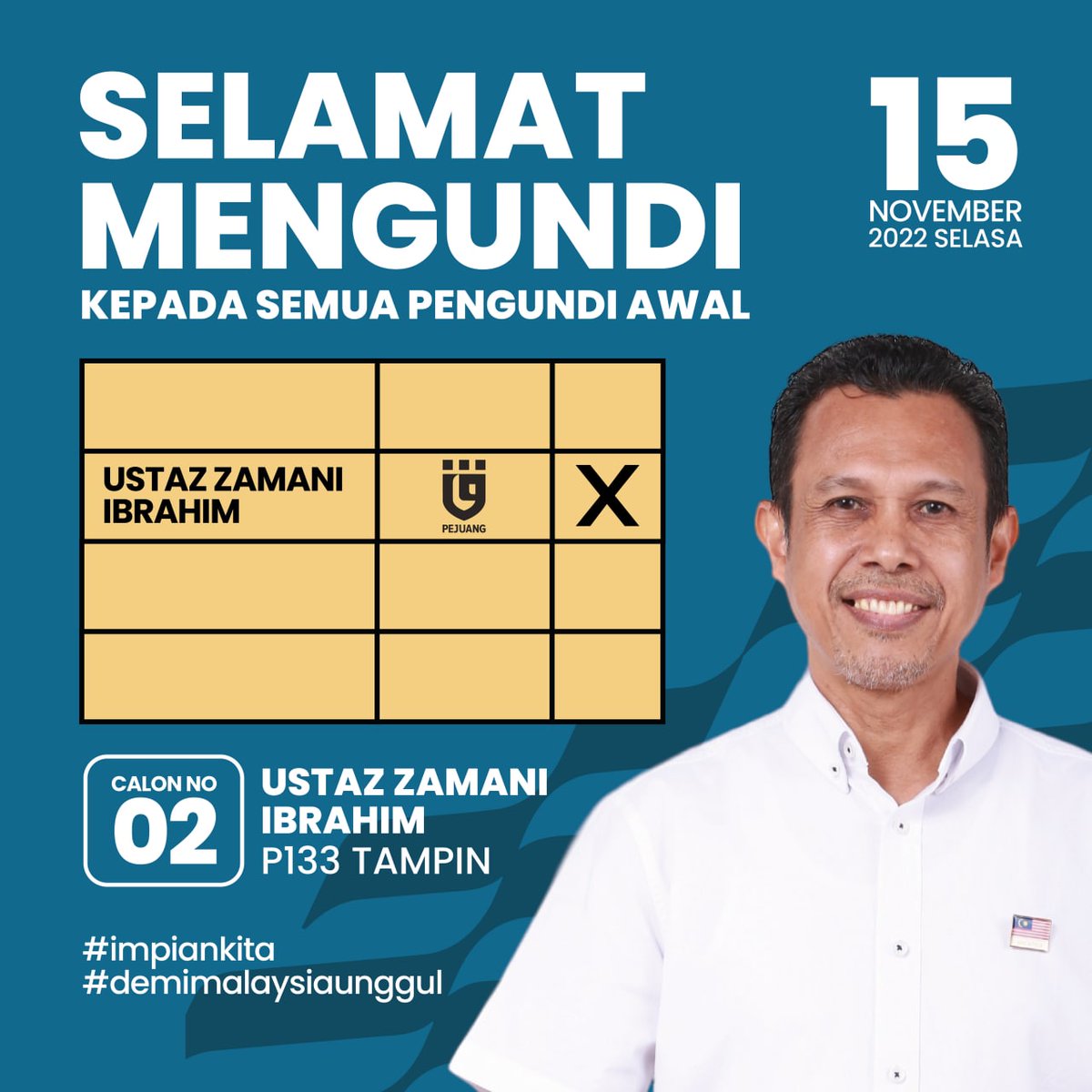 ZamaniIbrahimMy's tweet photo. Selamat mengundi buat semua yang mengundi awal esok.
Kuasa di tangan anda sekarang.
Inilah masanya untuk kita hantar barisan Kepimpinan Baharu Malaysia.
InsyaAllah, orang Tampin buleh!
Ustaz Zamani Ibrahim
Calon No 2 | P133 | Parlimen Tampin
#P133
#zamani4tampin https://t.co/Tt2nlwblko