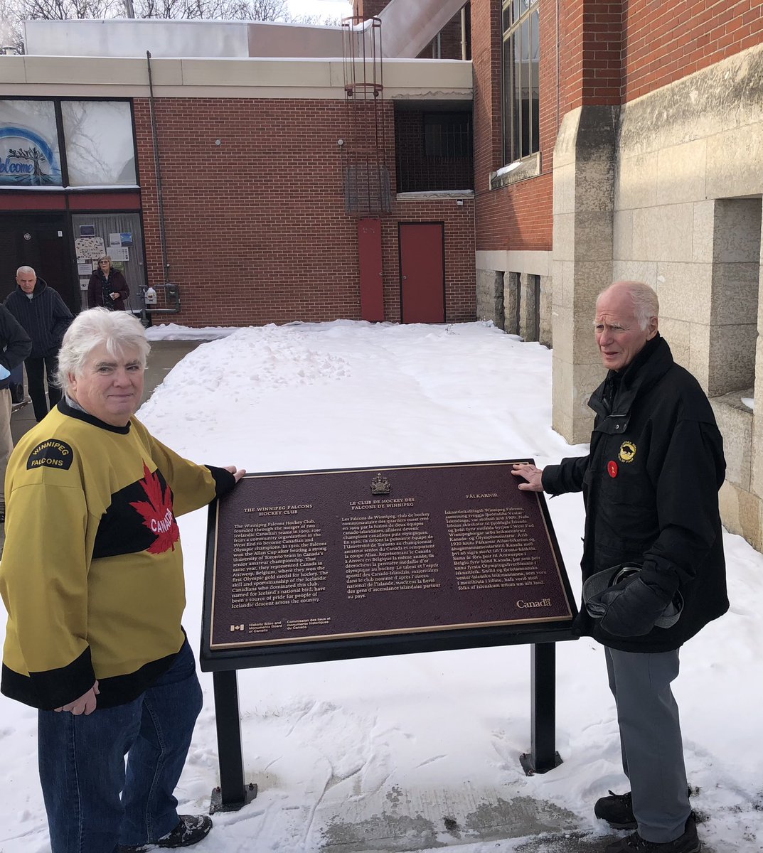 The #MBHHF and families of the 1920 Olympic Gold Medal Winnipeg Falcons celebrated the installation of a HSMBC Commemorative Events plaque at the First Lutheran Church on Victor Street today.