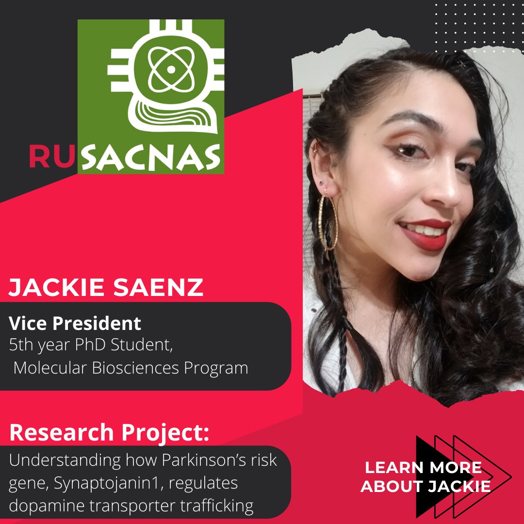 Rutgers_SACNAS's tweet photo. Have you met our fabulous VP yet?
Jackie is a 5th year PhD student in Molecular Bioscience @rutgersu studying the role of #synaptojanin1 in dopamine transporter trafficking in #Parkinson! ๐งฌ๐ง
Jackie calls LA home and enjoys drawing, hiking, and guitar ๐๏ธ๐ฅพ๐ธ
#LatininSTEM https://t.co/nuHeMc1wb0
