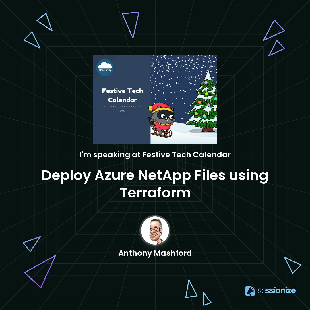 anthonymashford's tweet image. Excited to announce that I&apos;ll be speaking at this year&apos;s #FestiveTechCalendar2022!

In this session we&apos;ll be deploying Azure NetApp Files using Terraform.

#FestiveTechCalendar #CloudFamily #AzureNetAppFiles #Terraform