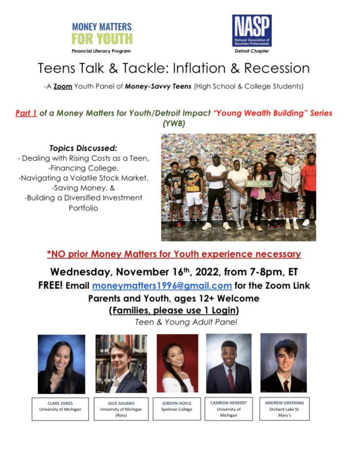 Teen Panel this Wednesday on Inflation and Recession! Panel members are MMFY coaches and alums 🙌🏾. Email moneymatters1996@gmail.com for the Zoom link! @gailpmason