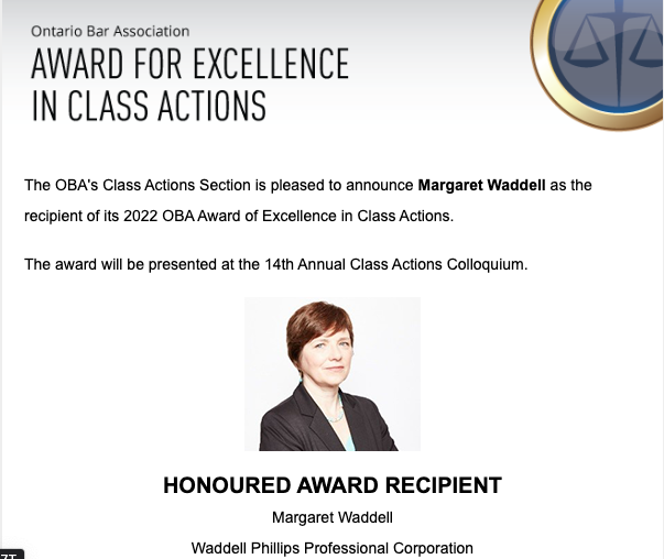 PBPClawyers's tweet photo. We're so proud of @MargWaddell, the 2022 recipient of the @OBAlawyers Award for Excellence in #ClassActions! Marg strives for excellence in everything she does -- in court, in the classroom, and in building up junior members of the bar. Please join us at Colloquium to celebrate! https://t.co/wqykR8q3KA