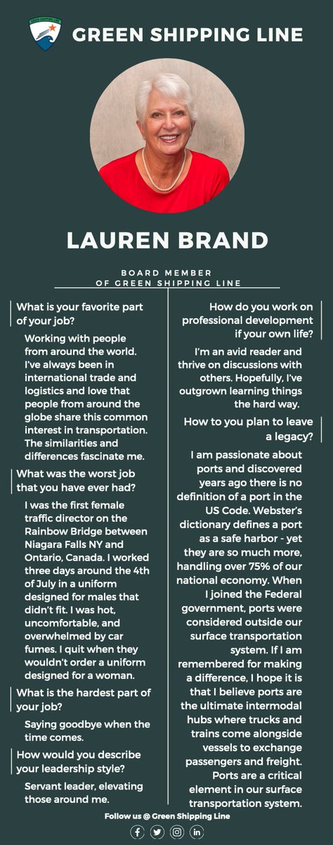 Meet Lauren Brand, a trusted board member of GSL.
#transportation #GreenShippingLine #AmericanMaritimeHwy #GreenFleet #CreateJobs #LimitlessBenefits #PursuetheFuture #AlleviateGridlock #ReducePollution #Blogger #ReadMore #Read #UnderstandtheFuture #LearningMatters #Sustainability