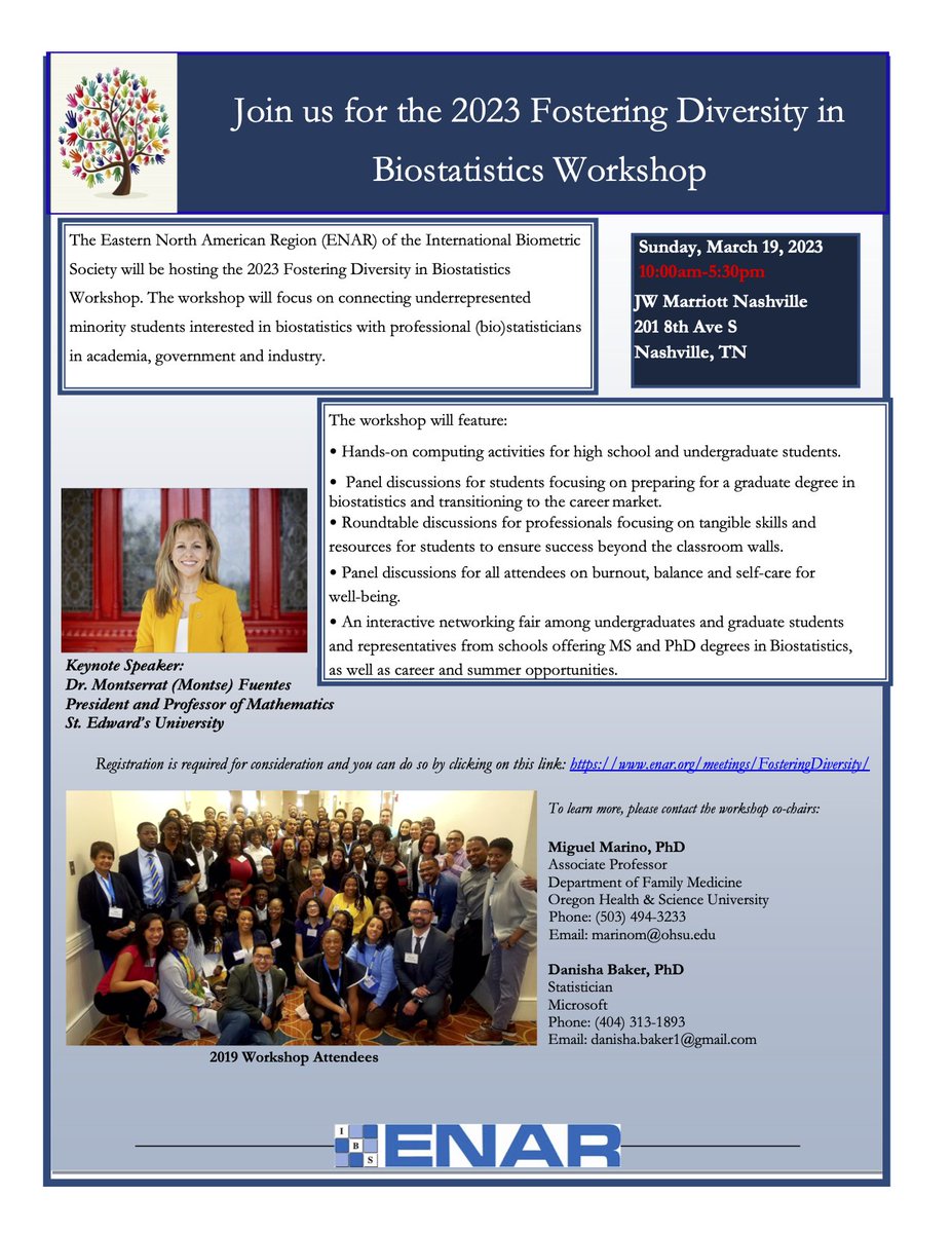 It's back! Be a part of #ENAR_ibs Fostering Diversity in Biostatistics Workshop on March 19, 2023. 

Keynote: Dr. Montse Fuentes from 
@stedwardsu

More details: enar.org/meetings/Foste… 

#biostatistics #statistics #FosteringDiversity 
<a href="/AmstatNews/">ASA</a>
<a href="/ASA_Biometrics/">ASA Biometrics Section</a> 
<a href="/IBSstats/">IBS</a>