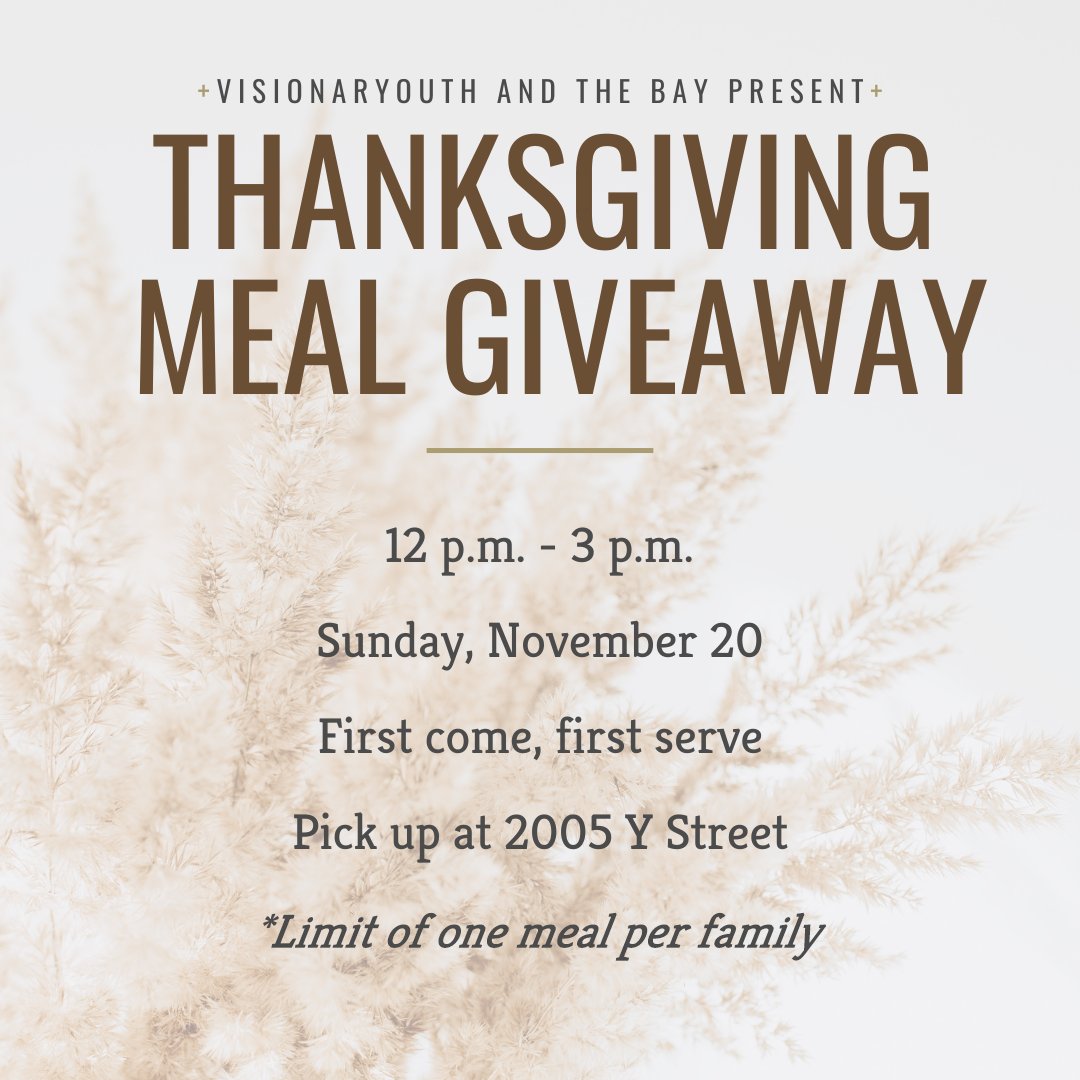 TheBayLNK's tweet photo. The Bay is giving out 100 free Thanksgiving meals to members of the community who may need it. Pick up is on Sunday, November 20 at The Bay from 12 P.M. until 3 P.M. First come first serve - one meal per family. Thank you to @Visionaryouth1  for your support and partnership. https://t.co/4kOlXqeBqH