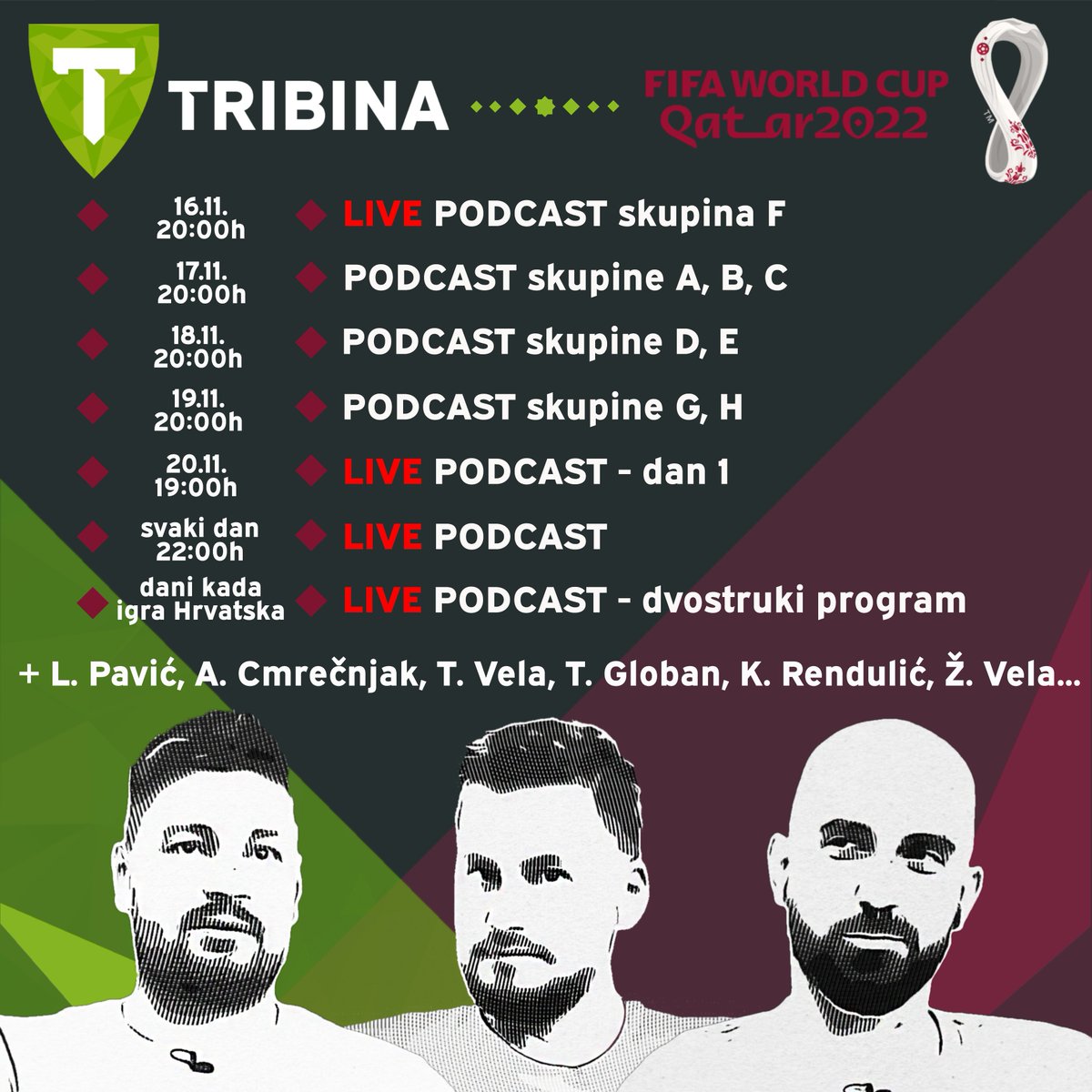 🔹️30 emisija
🔹️28 dana
🔹️3 glavne Tribina face
🔹️nekoliko gostiju
🔹️1 pobjednik

Pratite Svjetsko prvenstvo u Kataru na Tribina.hr Youtube kanalu, uz najbolju analitiku, zanimljive goste i (polu)loš humor.
<a href="/MihoTopic/">Mihovil Topić</a> <a href="/Jo_Hayes13/">Josip Korda</a> <a href="/PausicJ/">Josip Paušić</a>