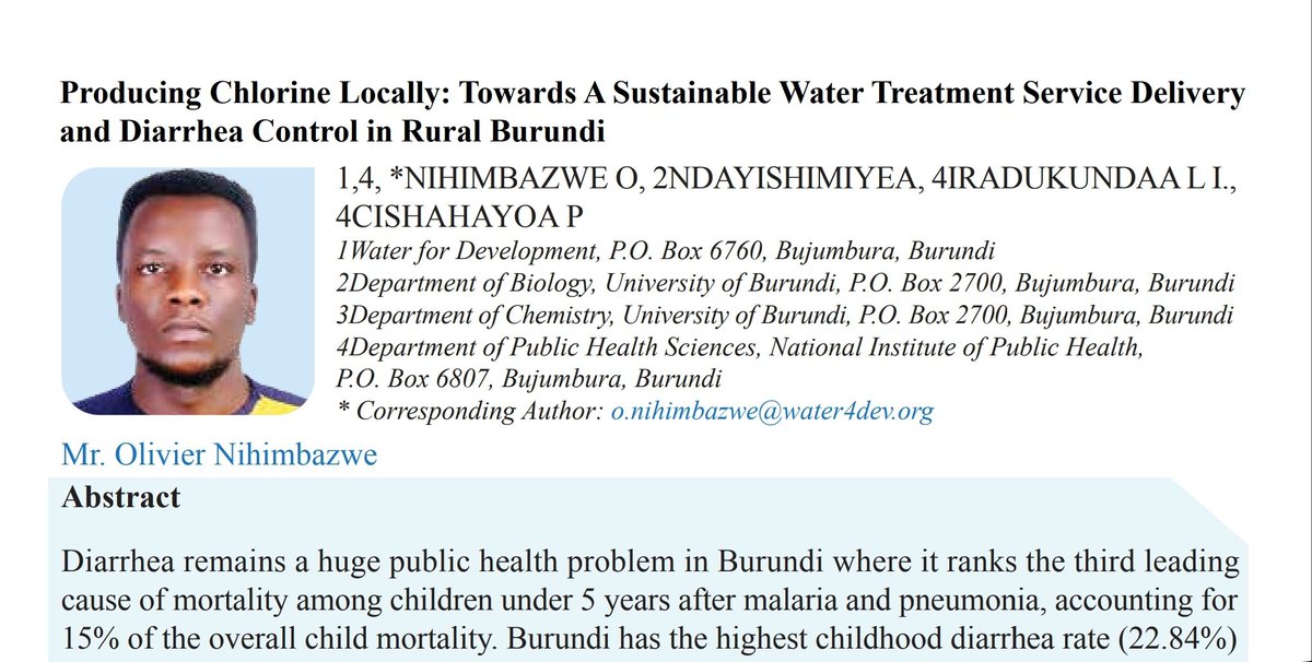 Olivier Nihimbazwe (@oliviernihimba) on Twitter photo Our abstract "Producing Chlorine Locally: Towards A Sustainable Water Treatment Service Delivery and Diarrhea Control in Rural Burundi" was accepted and published in the <a href="/EA_YouthForum/">East African Youth Innovation Forum (EAYIF)</a>'s book of abstracts
Check it out on pages 22-23: eayouthinnovationforum.com/wp-content/uplโฆ
#SafeWater #SDG6 Our abstract "Producing Chlorine Locally: Towards A Sustainable Water Treatment Service Delivery and Diarrhea Control in Rural Burundi" was accepted and published in the <a href="/EA_YouthForum/">East African Youth Innovation Forum (EAYIF)</a>'s book of abstracts
Check it out on pages 22-23: eayouthinnovationforum.com/wp-content/uplโฆ
#SafeWater #SDG6