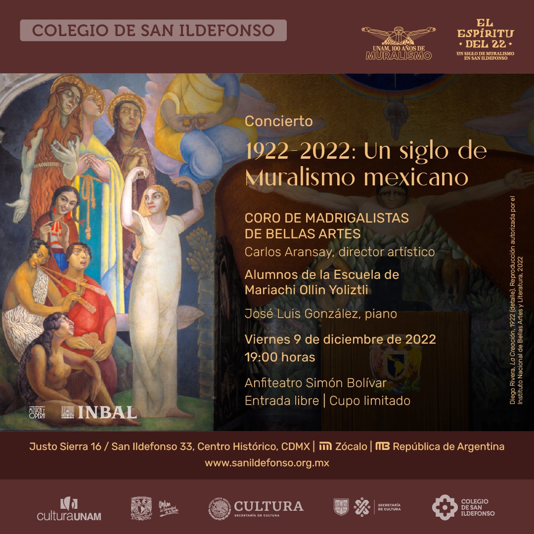 Celebramos el centenario del Muralismo en #SanIldefonsoMx con el concierto "1922-2022: Un siglo de #MuralismoMexicano", a cargo del Coro de Madrigalistas de Bellas Artes y la Escuela de Mariachi Ollin Yoliztli.

🗓️9 de diciembre, 19 horas, Anfiteatro "Simón Bolivar" #EntradaLibre