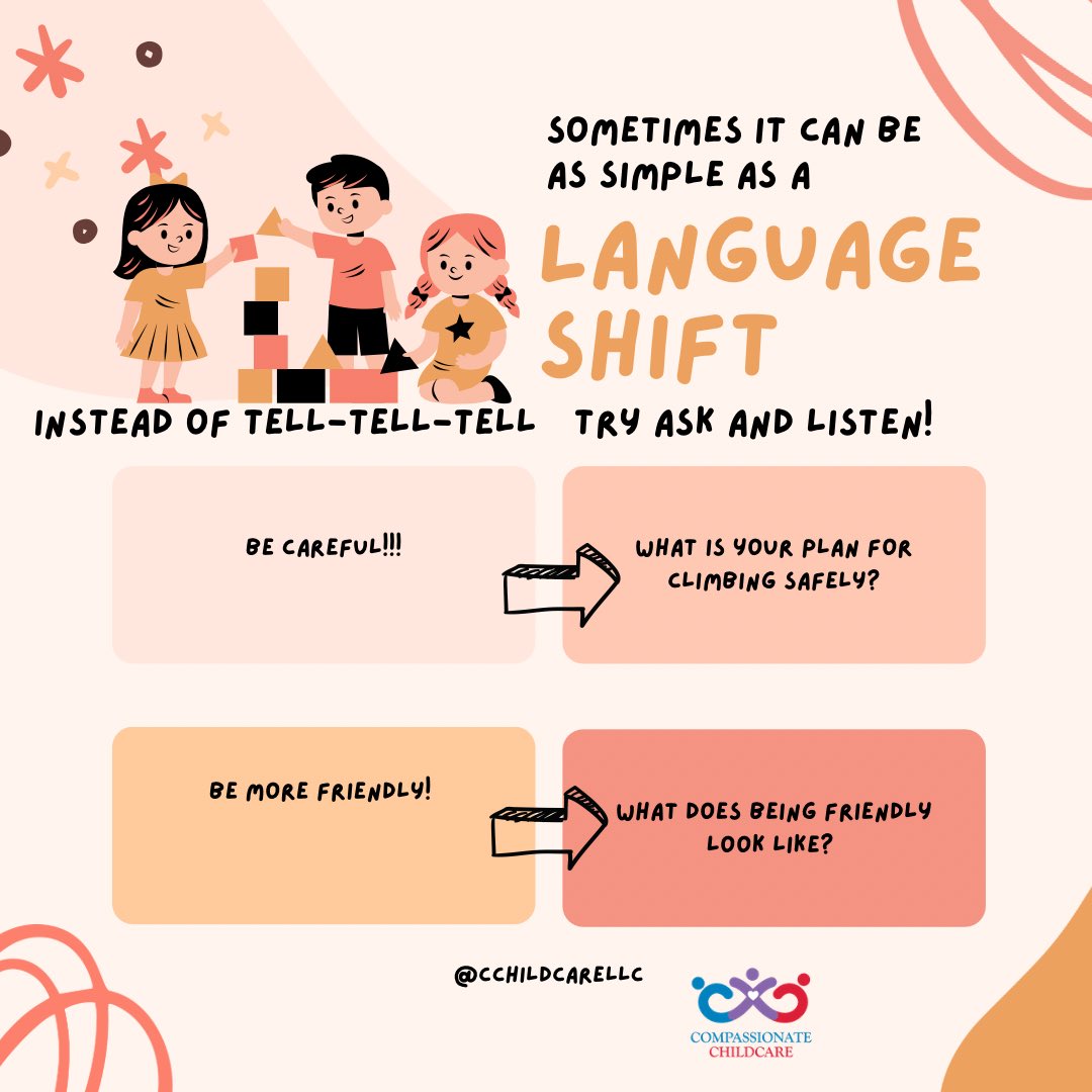 CChildcareLLC's tweet photo. Sometimes a simple shift in language can make a huge difference! This week we invite you to mace away from Tell-Tell-Tell language towards Ask and Listen language. See how this works in your family! #gentleparenting #positivediscipline #parents https://t.co/K6gwLm1UkI