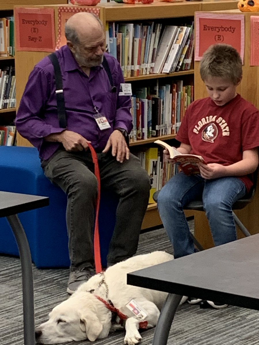 FittsLibrary's tweet image. We have officially begun reading with a therapy dog in the library to help students with reading fluency.  The students so enjoyed the privilege of reading to a therapy dog today. @RiddleElem @FISD_Libraries #FISDmadetoshine