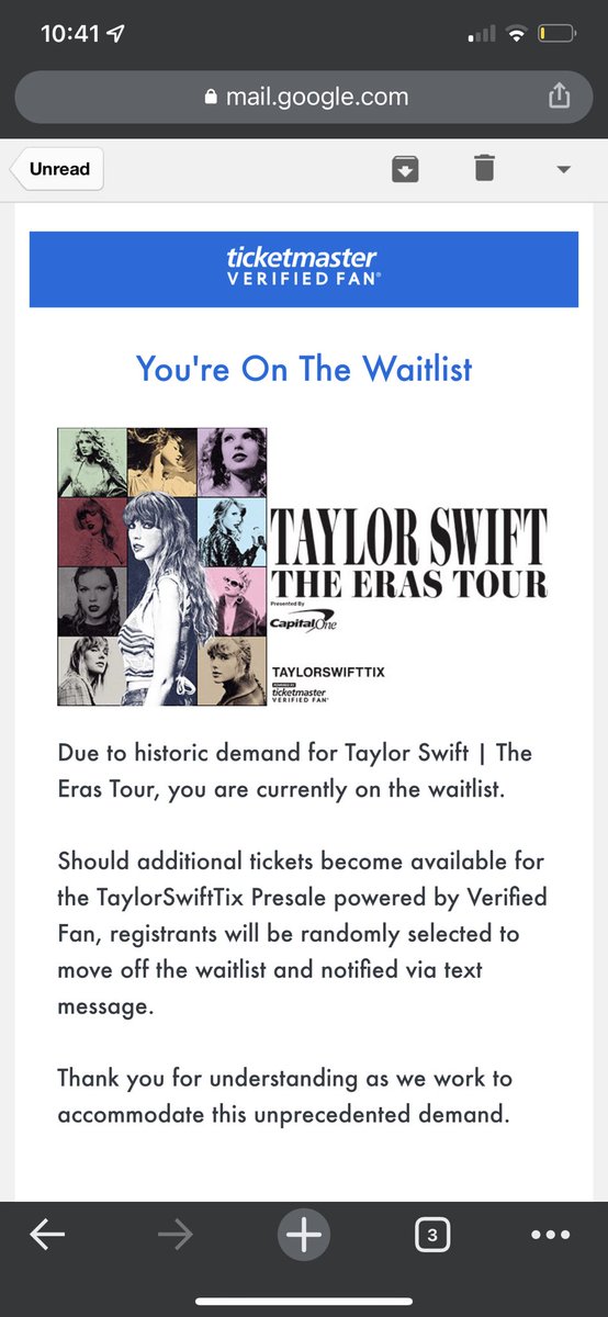 mastermind_haze's tweet photo. WAITLIST? After I got this email!? What the heck?! #ErasTour  @taylornation13 😩😩😩 https://t.co/5KgapJe4Ct
