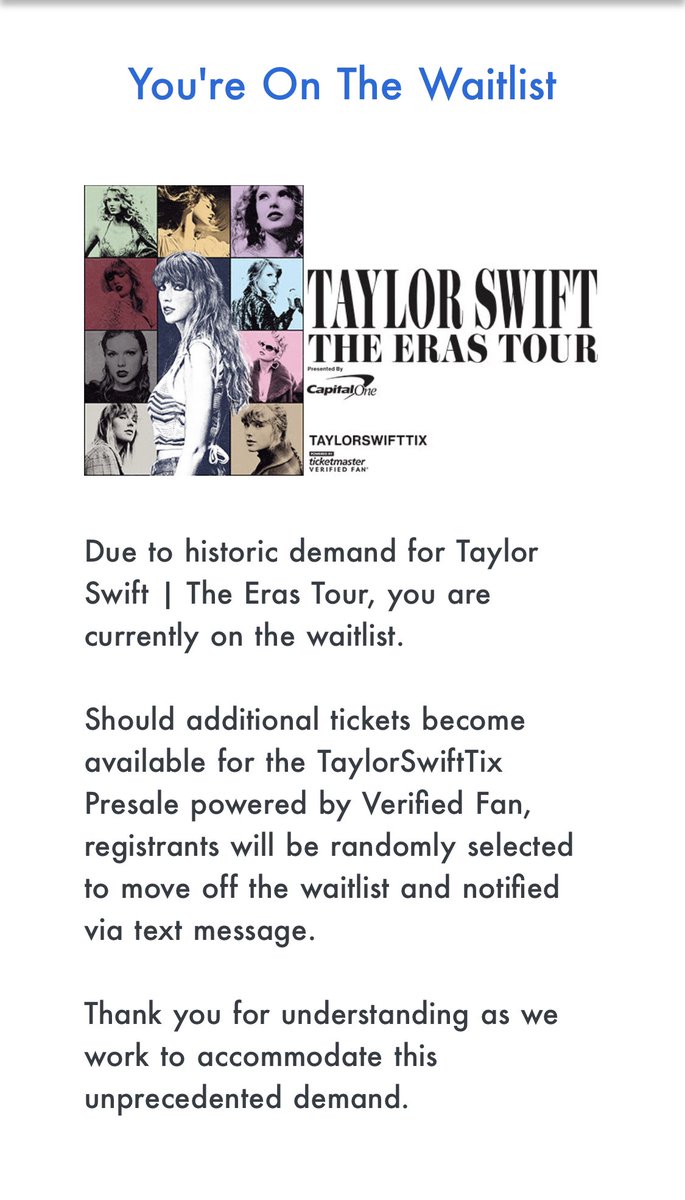 Oh look! Confirmation that I will not be getting tickets tomorrow. #Ticketmaster #waitlisted #Unverified #verifiedfan #TaylorSwiftErasTour