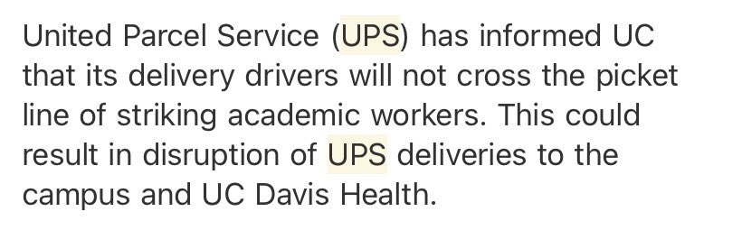 Just got a notice that <a href="/ups/">UPS</a> deliveries will possibly be impacted  during the #ucstrike because “delivery drivers will not cross the picket line of striking academic workers”