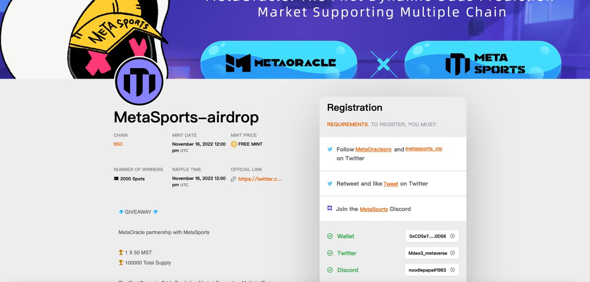 metasports_vip's tweet photo. MetaOracle partnership with MetaSports
💎 AIRDROP GIVEAWAY 💎
🏆 1 X 50 MST
🏆 100000 Total Supply
Link👇
https://t.co/mqe4Wh7f24
#NFTs #Giveaways #Whitelist #airdrop https://t.co/4ux1NURJxp