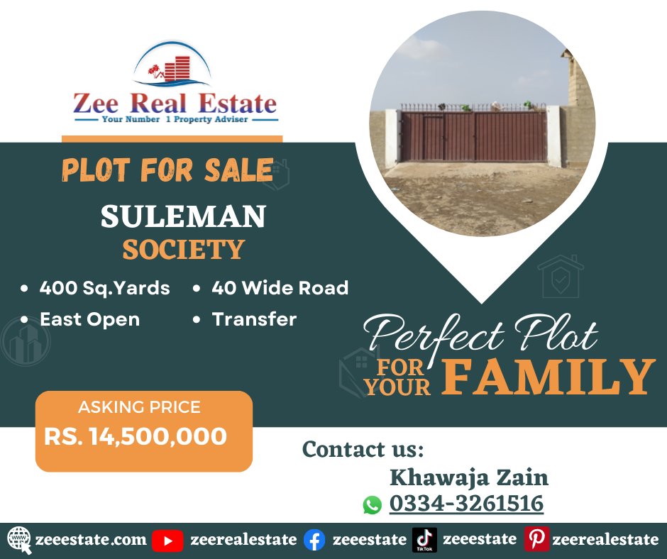 zeerealestate's tweet image. Suleman Society
Plot for sale
400  yards
East open
40 feet road
Transfer

Call/WhatsApp 
Zee  Real Estate
Khawaja Zain
+92 334 3261516

#Sulemansociety  #plotforsale #plotforsell #plotinsulemansociety #400yardsplot #ResidentialPlots #residential #suleman #karachi