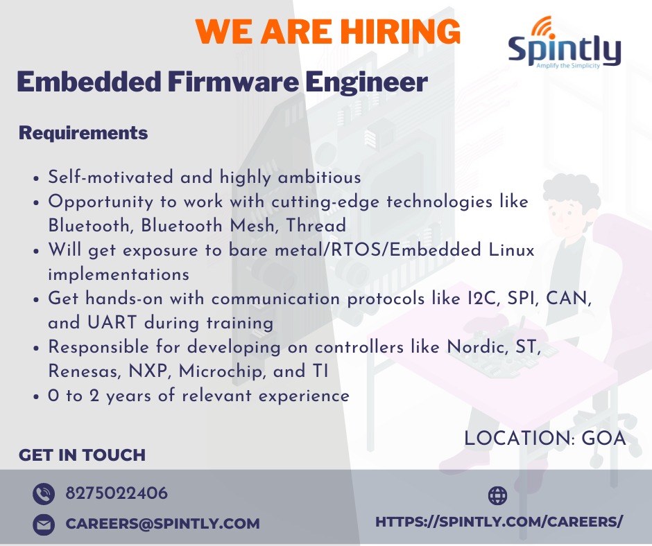 Spintly2's tweet image. Spintly is searching for an &quot;Embedded Firmware Engineer&quot; to join their team. If you have what it takes, then email us your resume at careers@spintly.com or apply at lnkd.in/gw2T5vQ or WhatsApp at 8275022406
#Spintly #hiring #EmbeddedFirmwareEngineer #accesscontrolsystem