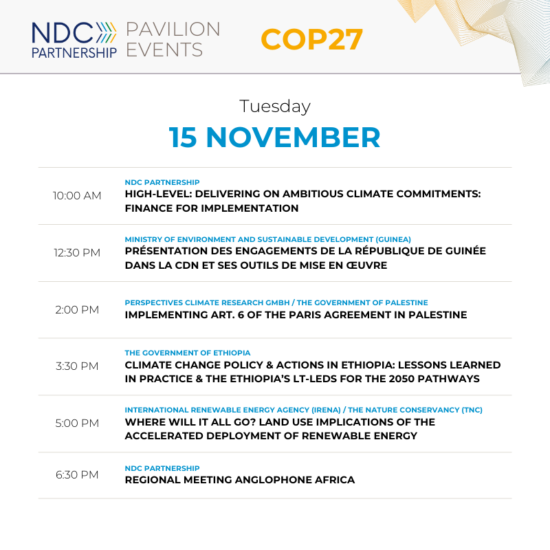 ndcpartnership's tweet photo. Join the NDC Partnership today at #COP27! Watch our featured events on Facebook Live, or attend in our Pavilion, located in Area C, Zone 2, Pavilion #126. #CollectiveAction

Watch live: https://t.co/Km0nkjzyyf
View our full event schedule: https://t.co/f6qk8TMlGo https://t.co/jiK21qS2ma