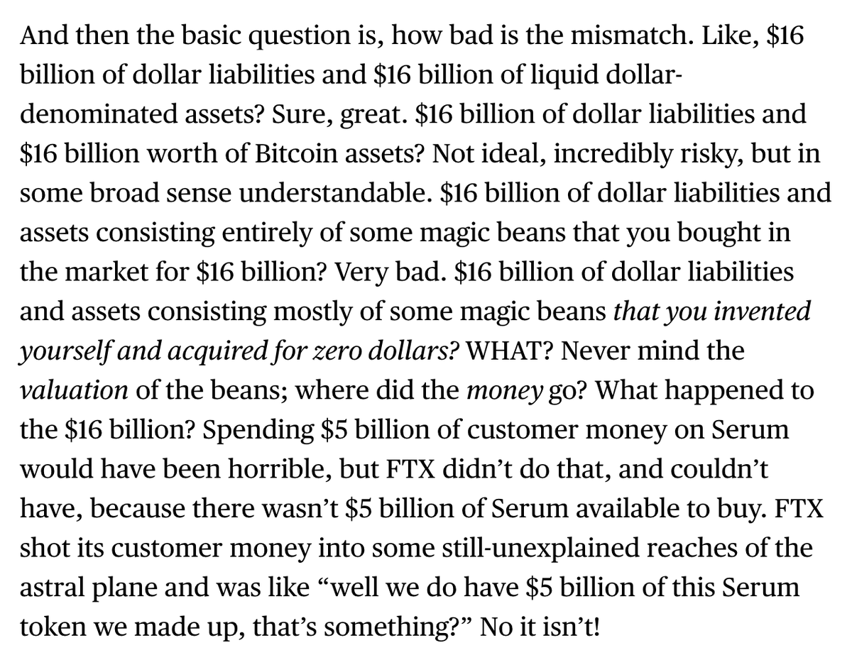 molly0xFFF's tweet photo. the latest Money Stuff is a worthwhile read, if for nothing else the entertainment value of watching @matt_levine struggling to keep it together while going through the leaked FTX balance spreadsheet

https://t.co/lmUkfDHbMq https://t.co/LaoGyDUhTk