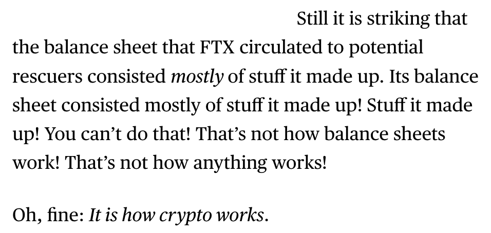 molly0xFFF's tweet photo. the latest Money Stuff is a worthwhile read, if for nothing else the entertainment value of watching @matt_levine struggling to keep it together while going through the leaked FTX balance spreadsheet

https://t.co/lmUkfDHbMq https://t.co/LaoGyDUhTk