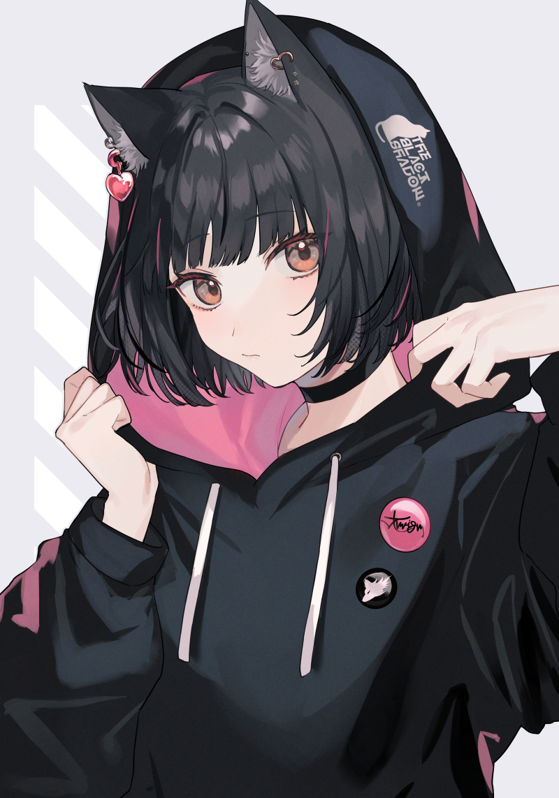 1girl hood solo black hair animal ears choker hoodie  illustration images