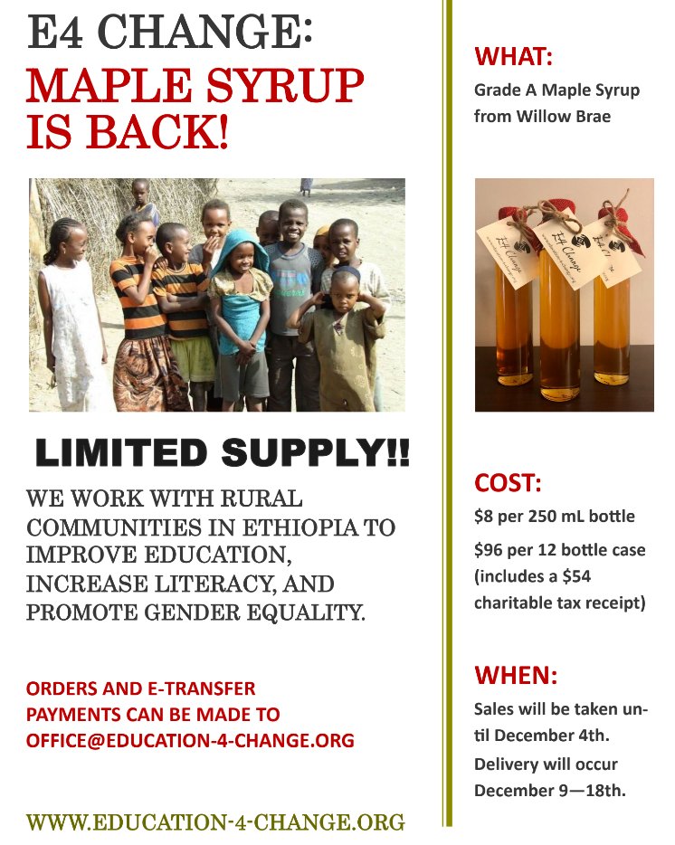 E4Change_Kelafo's tweet photo. Syrup 4 Sale!! $8 for 1 bottle or buy a case of 12 for $96 which comes with a charitable tax receipt for $54. These bottles make the perfect gift for teachers or party hosts and $4.50 from each sale goes to fund our ongoing projects. Send orders to office@education-4-change.org. https://t.co/ldKUg3wKnc